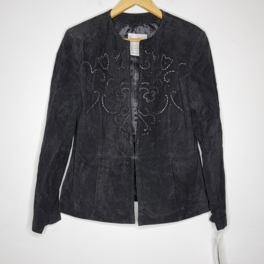 Pamela McCoy NEW Medium 100% Leather Black Floral Detail Women's‎ Suede Jacket
